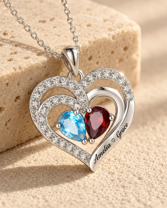 Collar Personalizado con 2 Piedras y 2 Nombres - colgante doble corazón con dos piedras talla pera, rodiado