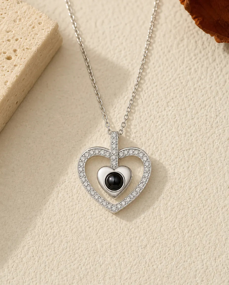 Collar de doble corazón con foto dentro, corazón de circonitas con tu foto en la bola, regalo para ella