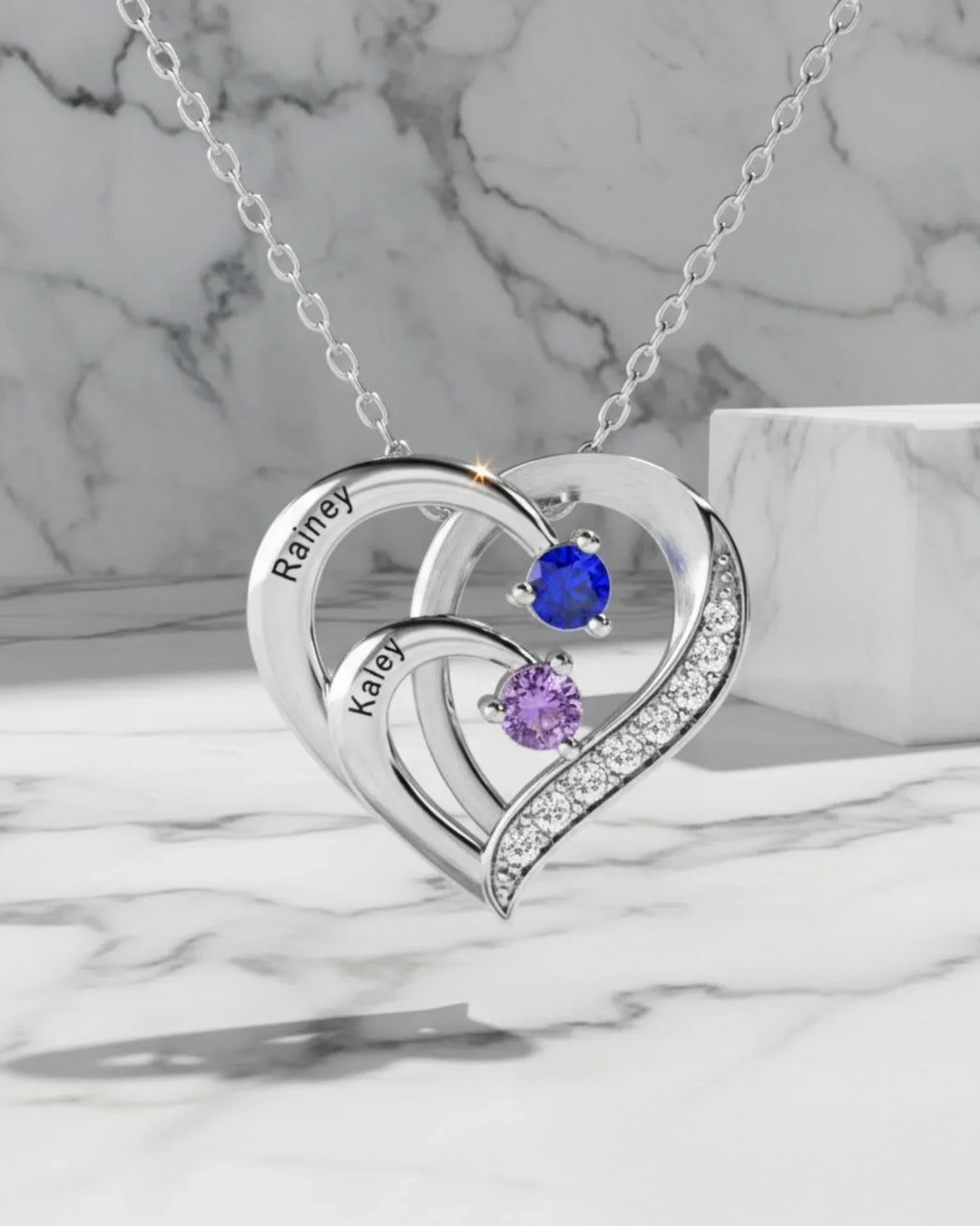 Collar de dos corazones entrelazados en plata 925 — 2 nombres grabados y 2 piedras de nacimiento, regalo de pareja