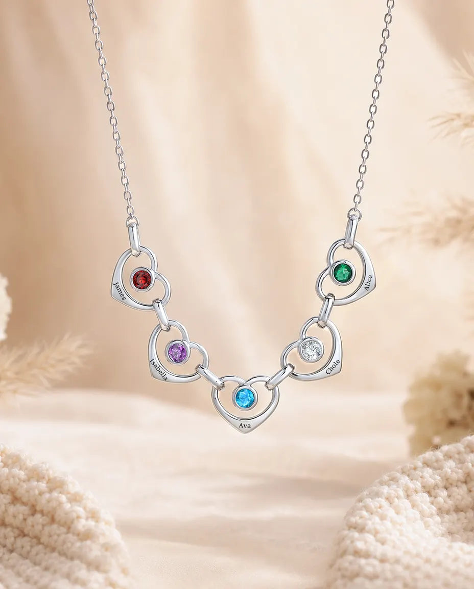 Collar Familiar Personalizado de 1 a 6 Nombres - corazones enlazados con piedras de nacimiento, rodiado