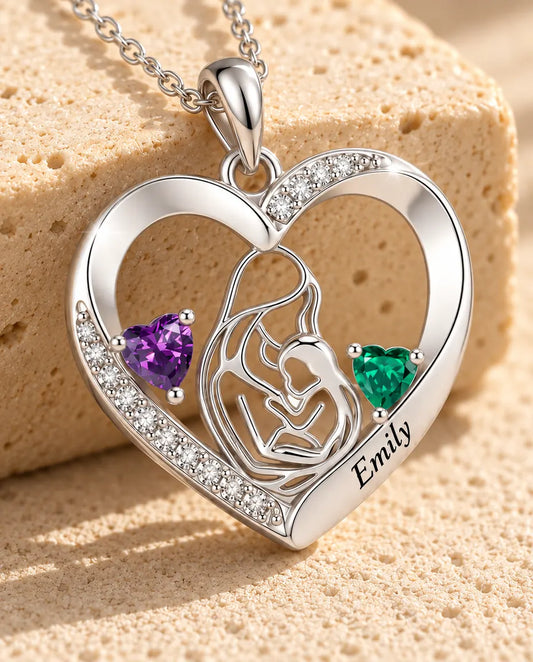 Collar Madre e Hijo Personalizado con Nombre - colgante corazón con dos piedras de nacimiento, rodiado