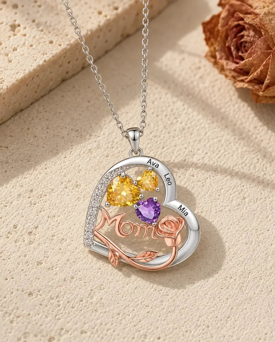 Collar para mamá con corazón y rosa - sobre una superficie