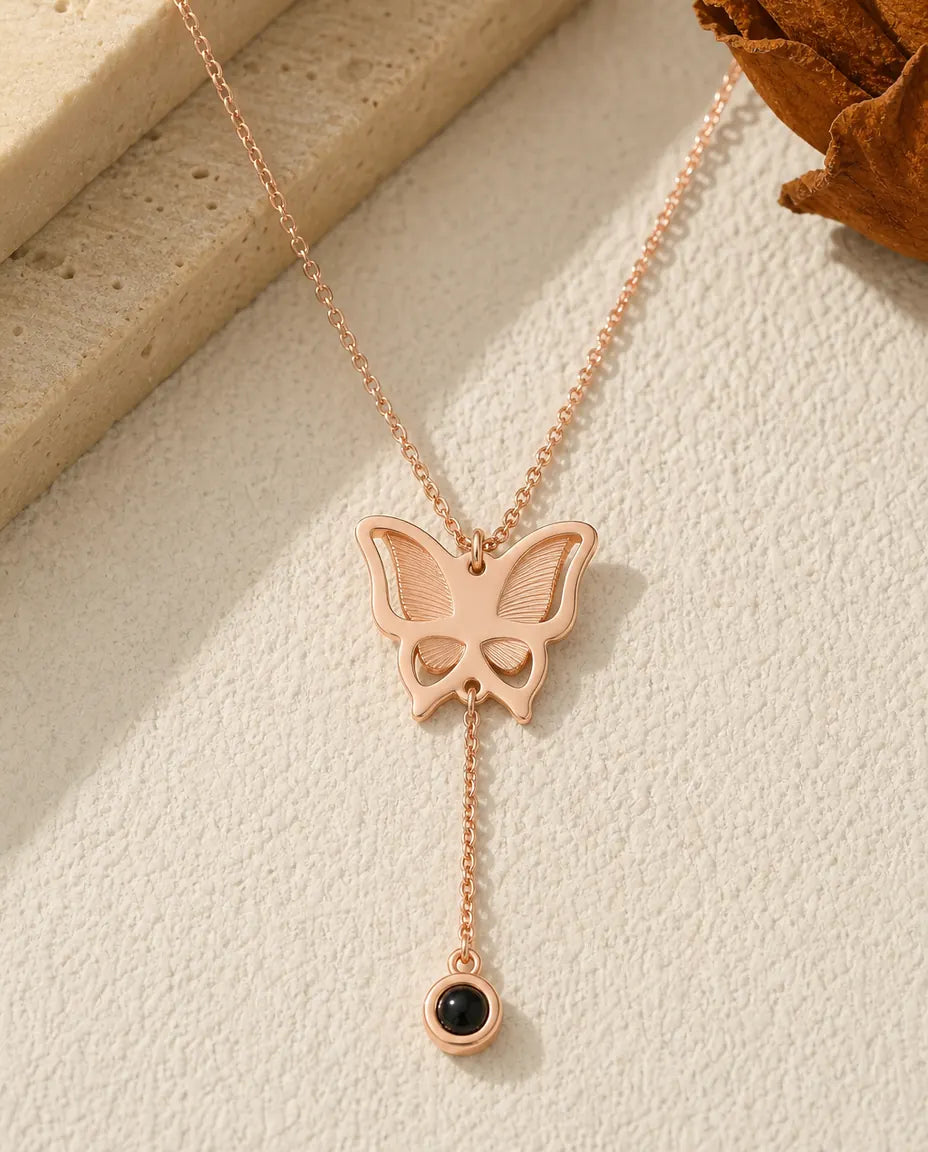 Collar de mariposa con foto dentro, colgante en Y con tu foto en la bola, en plateado, oro rosa o dorado