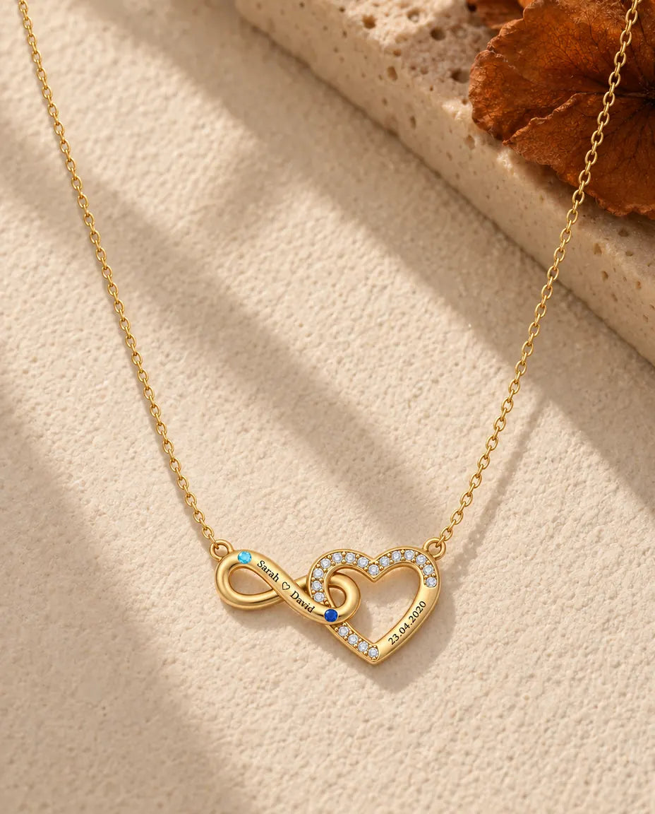 Collar Personalizado con 2 Nombres y Fecha - corazón infinito dorado con dos piedras de nacimiento