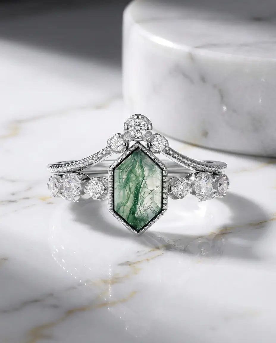 Conjunto de anillos de ágata musgosa – hexágono alargado con milgrain Art déco y alianza tiara a juego, plata de ley 925