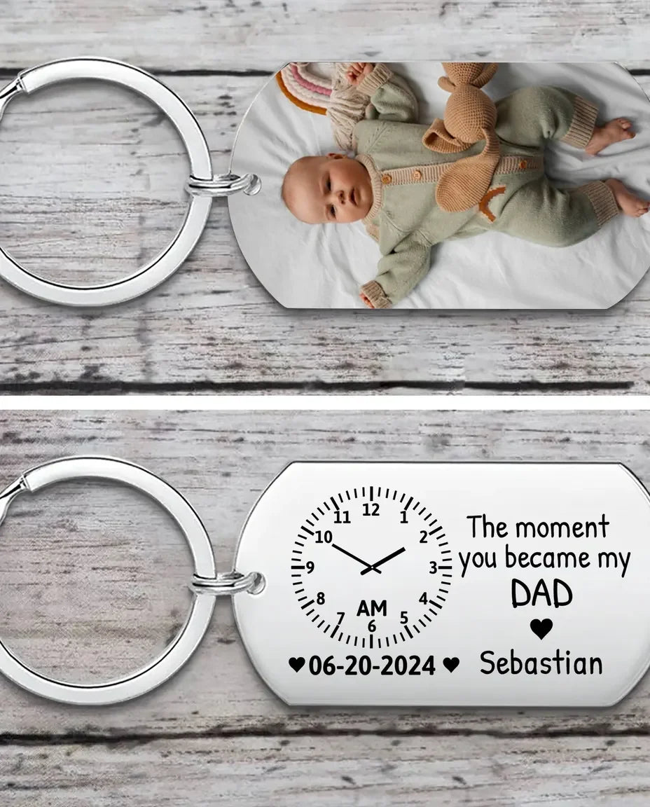 Llavero con foto para papá – reloj grabado con la hora, la fecha y el nombre, regalo de recién nacido