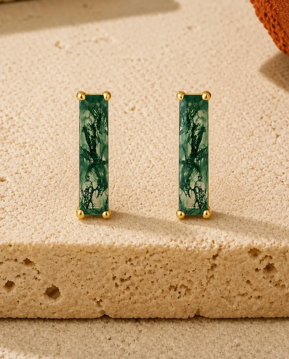 Pendientes de ágata musgosa - Barra larga de ágata musgosa talla baguette, plata de ley 925 bañada en oro de 10 quilates