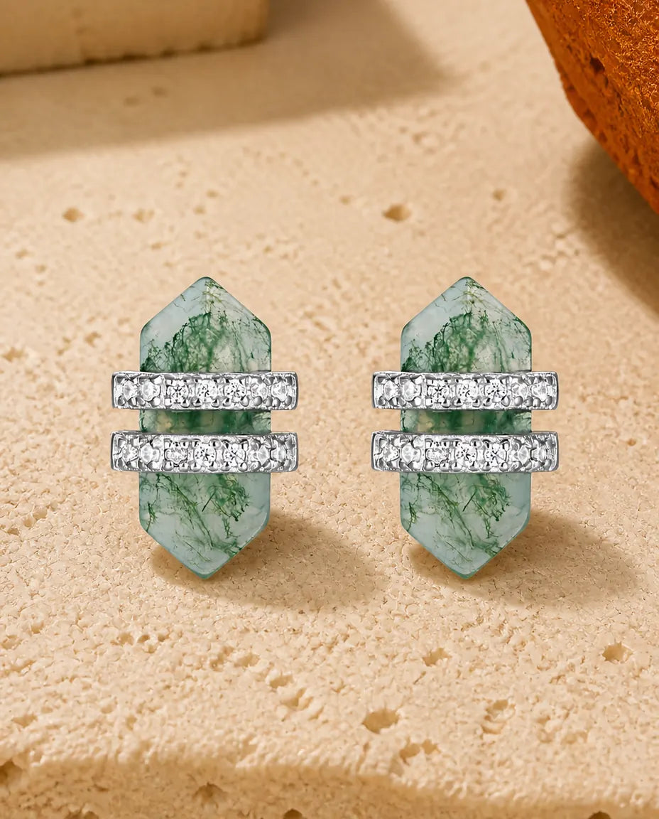 Pendientes de ágata musgosa - Cristal de doble punta en ágata verde con dos barras de circonitas, plata de ley 925, regalo para ella