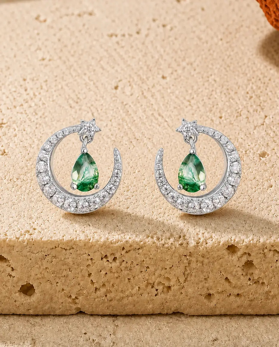 Pendientes de ágata musgosa - Media luna con estrella y gota de ágata musgosa, plata de ley 925, regalo para ella