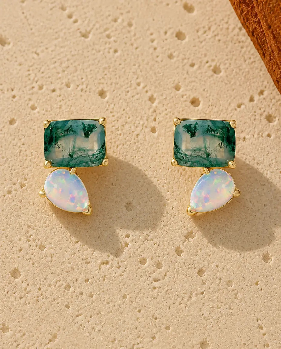 Pendientes de ágata musgosa - Ágata verde rectangular con ópalo en forma de pera, plata de ley 925 con baño de oro, regalo para ella