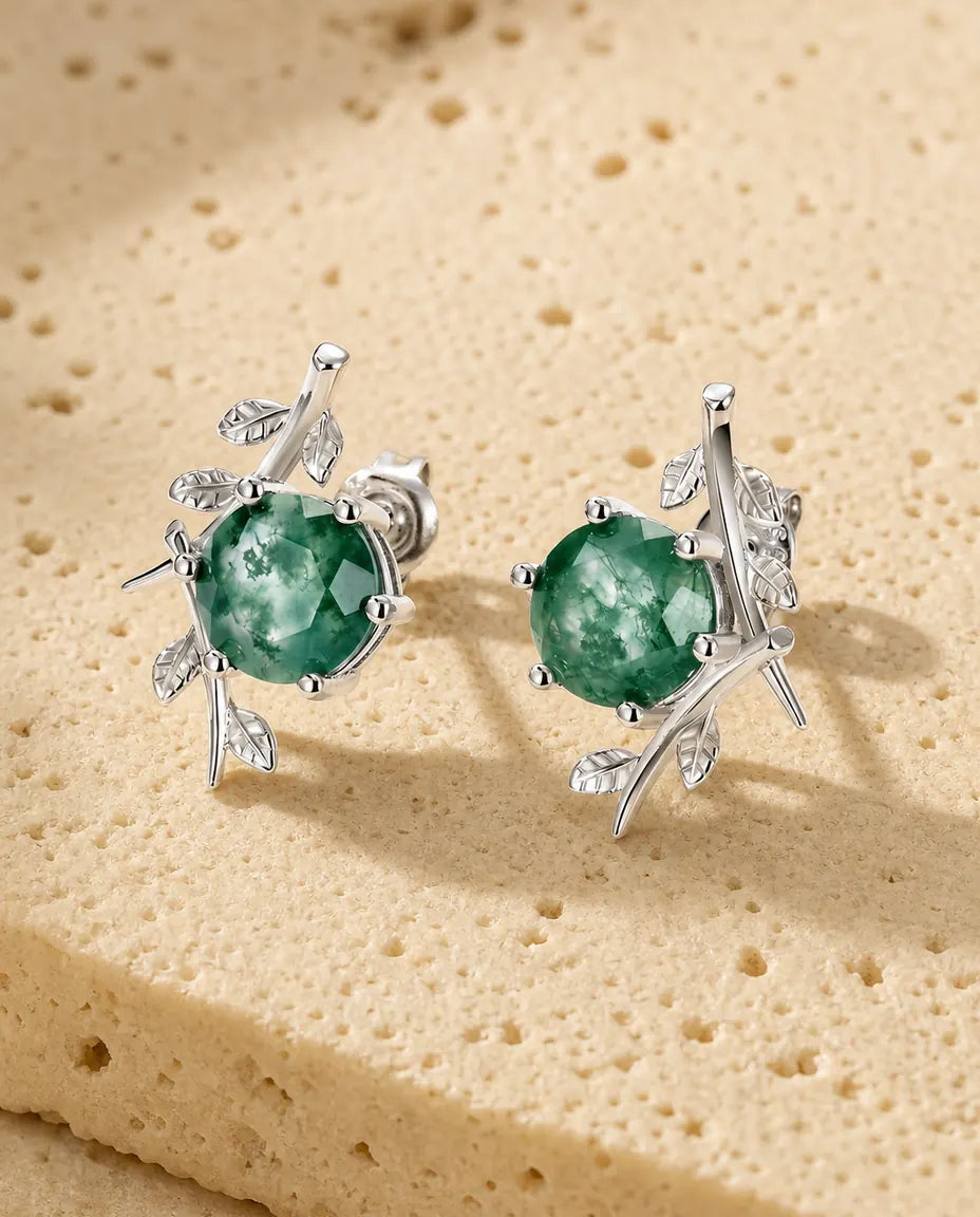 Pendientes de ágata musgosa - Redonda de 8 mm con rama de hojas en plata, plata de ley 925, regalo para ella