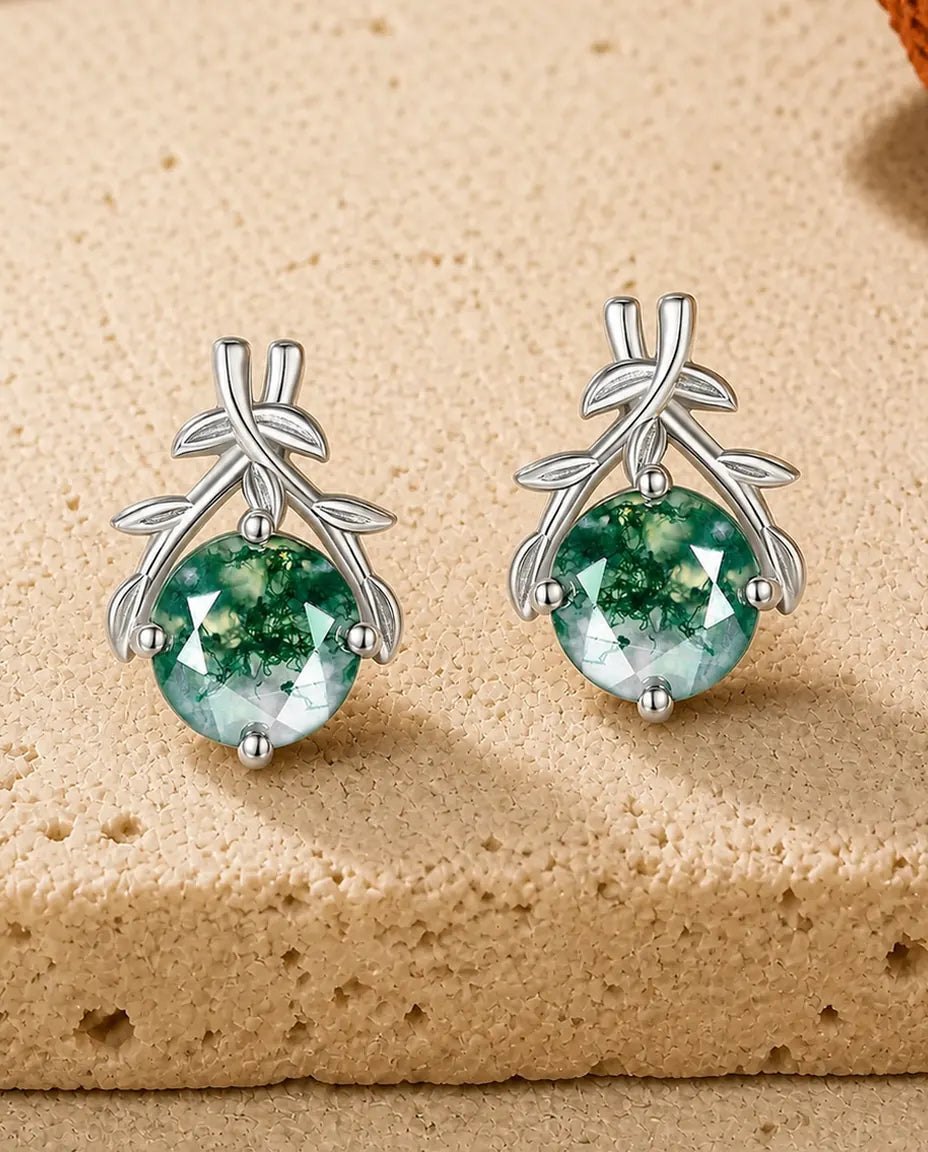 Pendientes de ágata musgosa - Ágata verde redonda bajo ramas de olivo cruzadas, plata de ley 925, regalo para ella