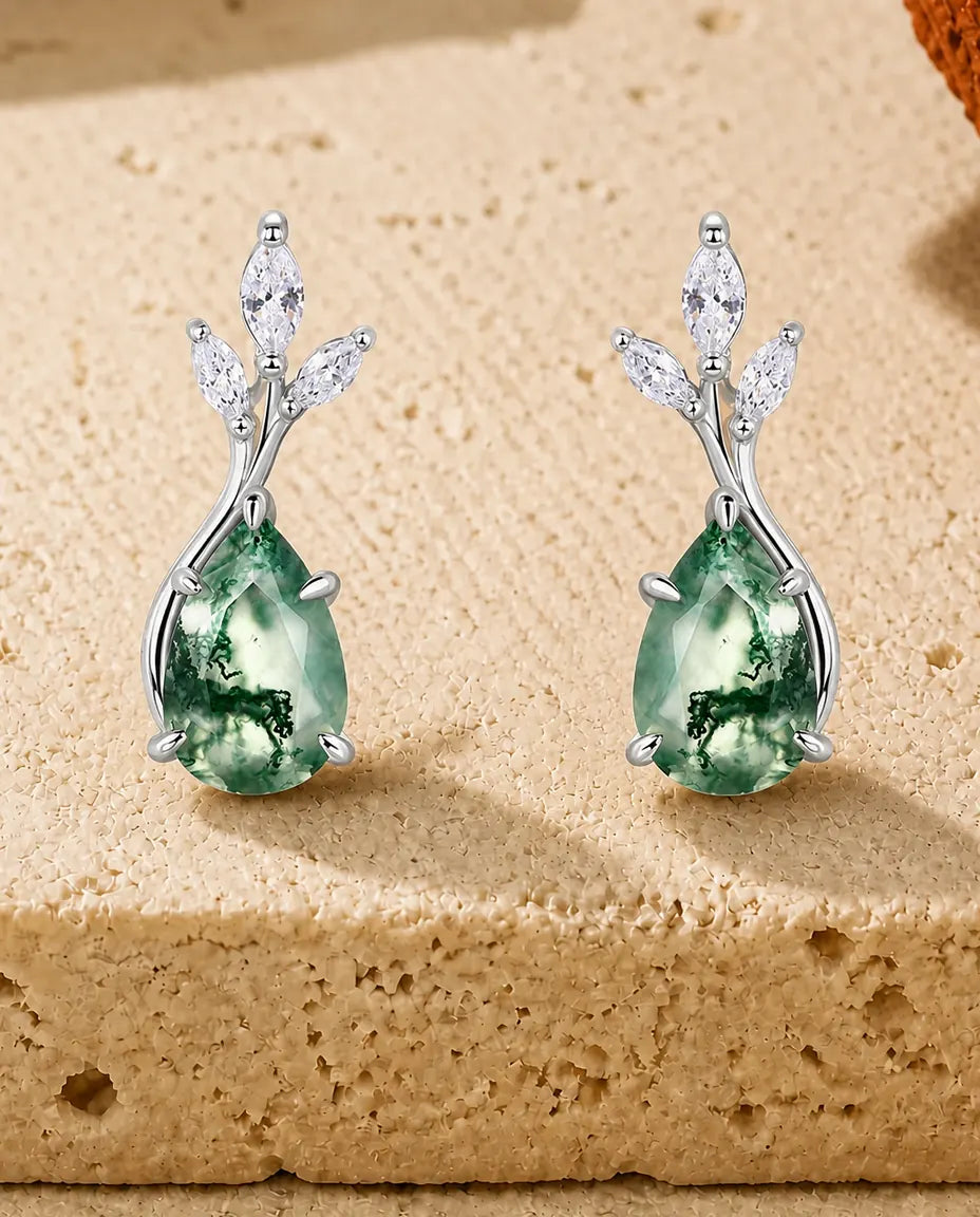 Pendientes de ágata musgosa - Ramillete de hojas con tallo curvo y gota de ágata musgosa, plata de ley 925, regalo para ella