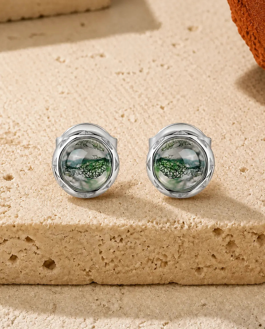 Pendientes de ágata musgosa - Cabujón redondo de ágata verde en engaste de cuerda trenzada, plata de ley 925, regalo para ella