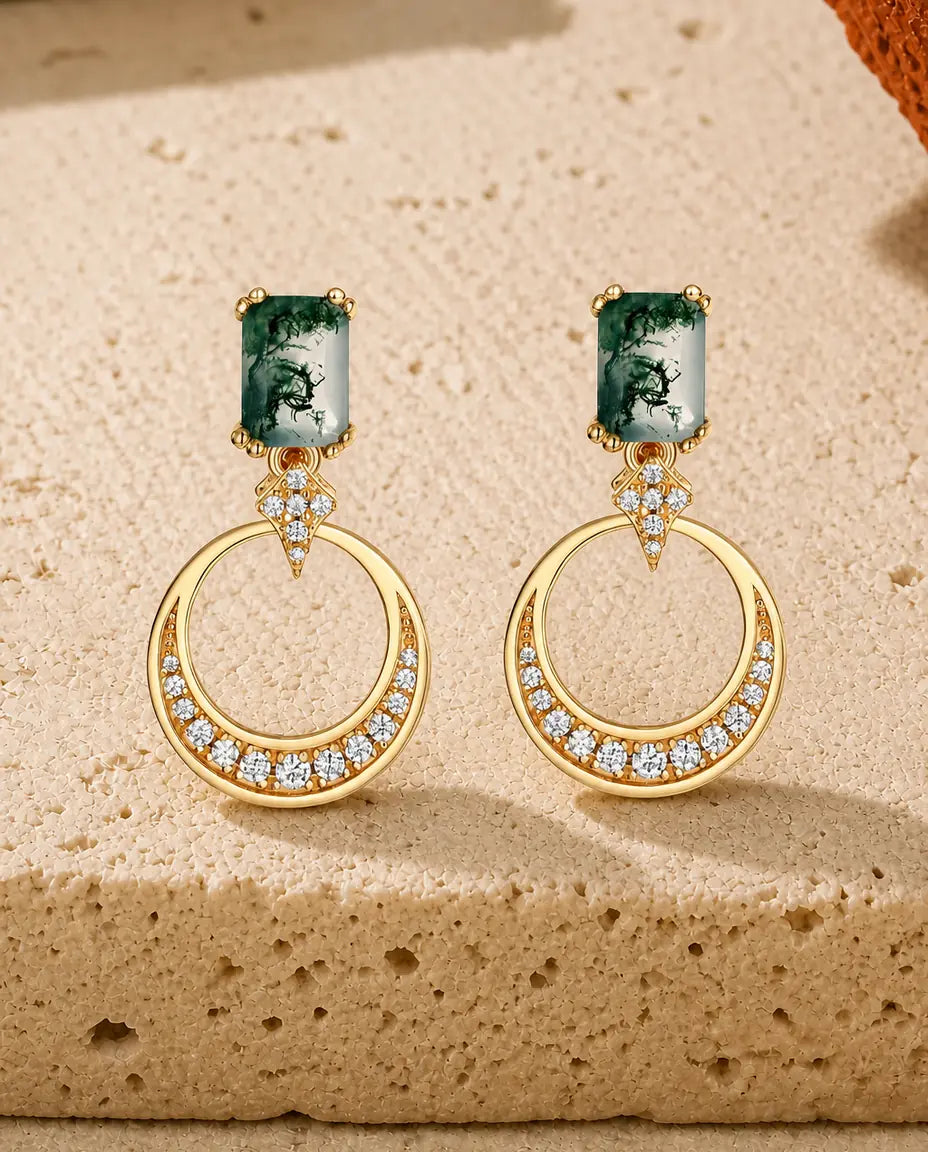 Pendientes de ágata musgosa - Ágata musgosa talla esmeralda con círculo pavé abierto, plata de ley 925 en plata u oro, regalo para ella