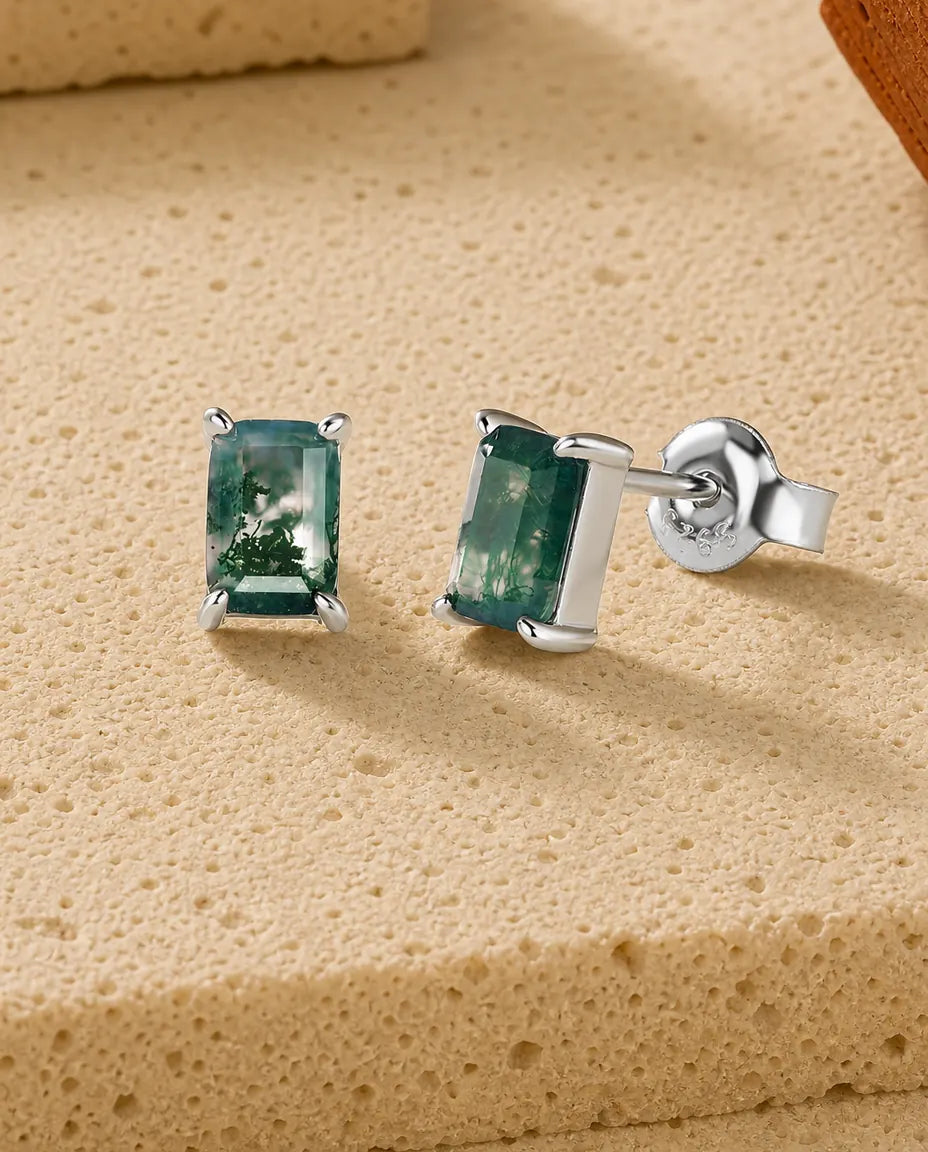 Pendientes de ágata musgosa - Rectángulo de talla esmeralda engastado en vertical, plata de ley 925, regalo para ella