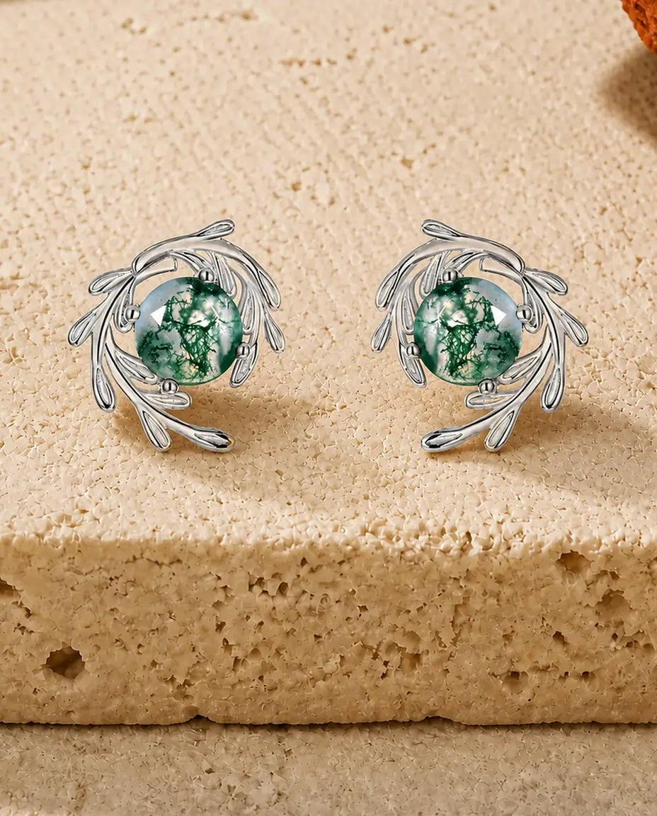 Pendientes de ágata musgosa - Ágata musgosa redonda en un remolino de volutas de plata, plata de ley 925, regalo para ella