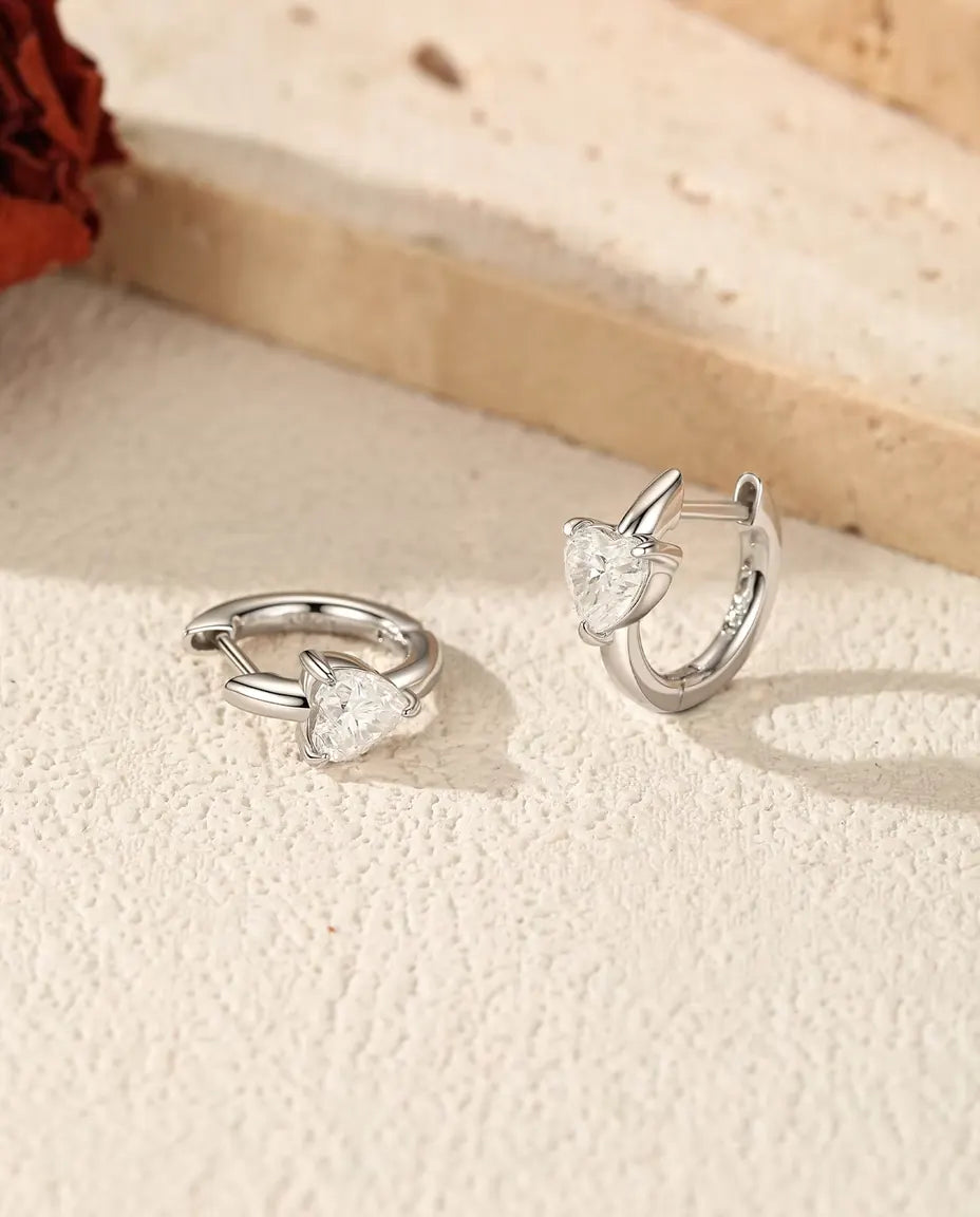Pendientes de Aro con Moissanita Corazón - 2 x 0,50 ct color D, aro de 12 mm, plata de ley 925, 2,30 g