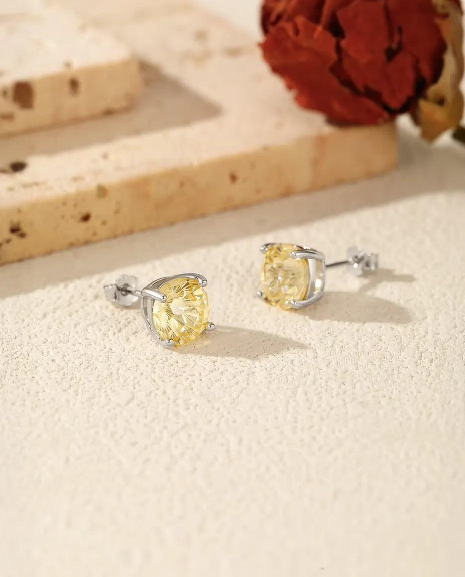 Pendientes de Botón de Circonita Amarilla en Plata 925 – Piedra Redonda Amarillo Claro Talla Fuegos Artificiales, 5, 6, 7 u 8 mm, Regalo para Ella