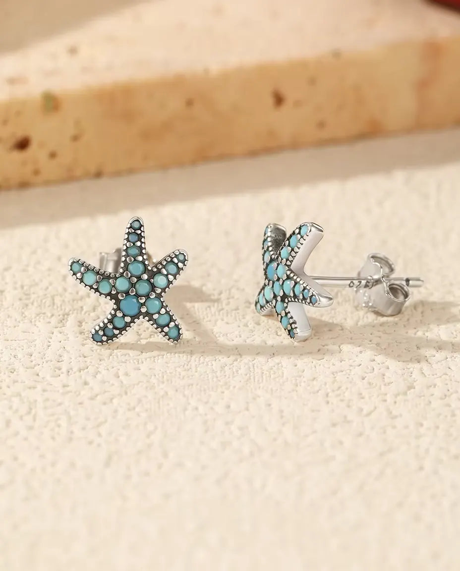 Pendientes Estrella de Mar Turquesa para Mujer - 10 mm en plata de ley 925 envejecida con pavé azul turquesa