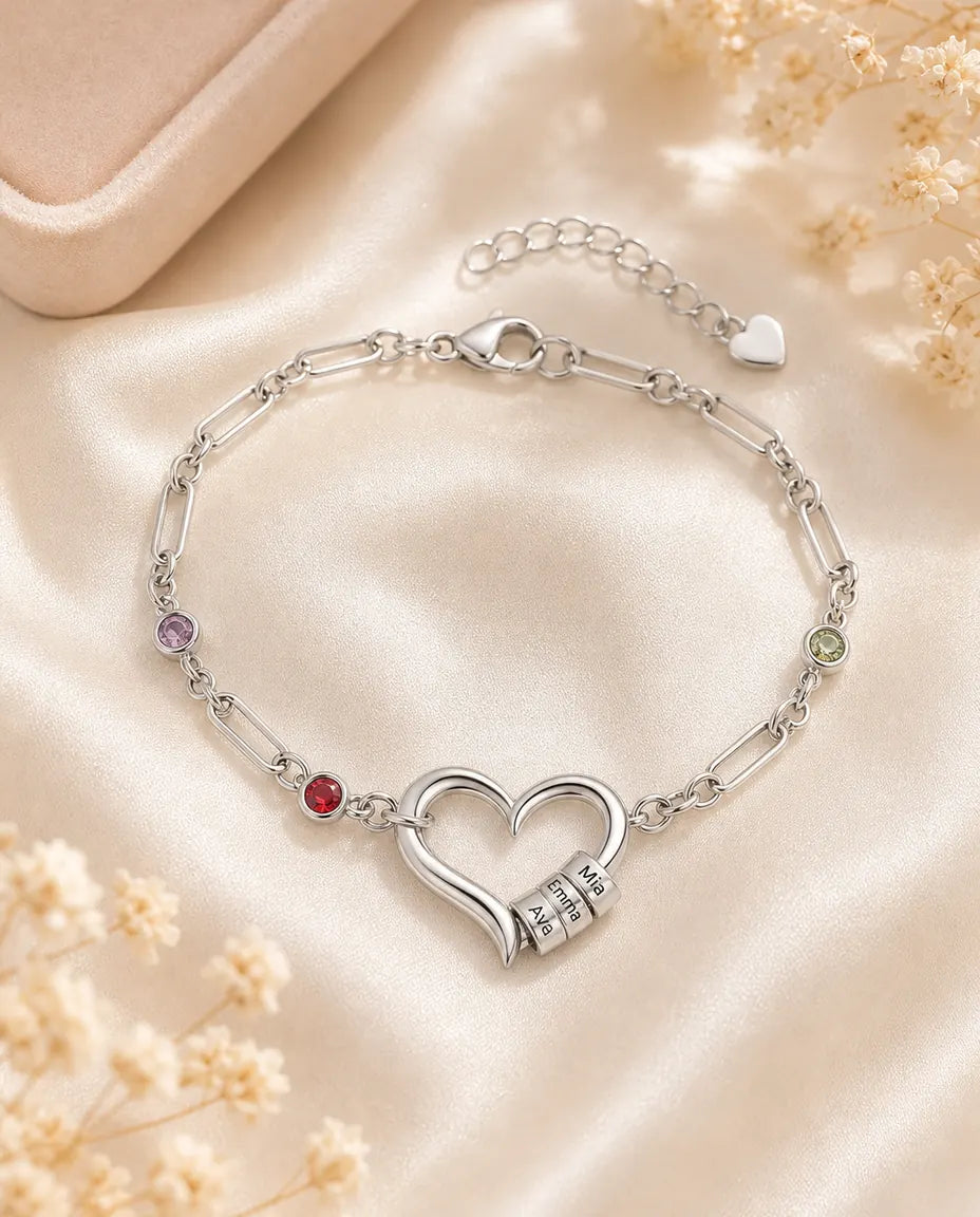 Pulsera de bolas grabadas con nombres y piedras de nacimiento – baño de oro blanco, corazón pulido central
