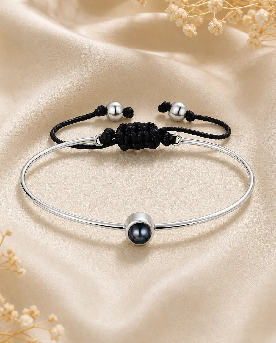 Pulsera con foto dentro – brazalete plateado ajustable con cordón negro, regalo de recuerdo