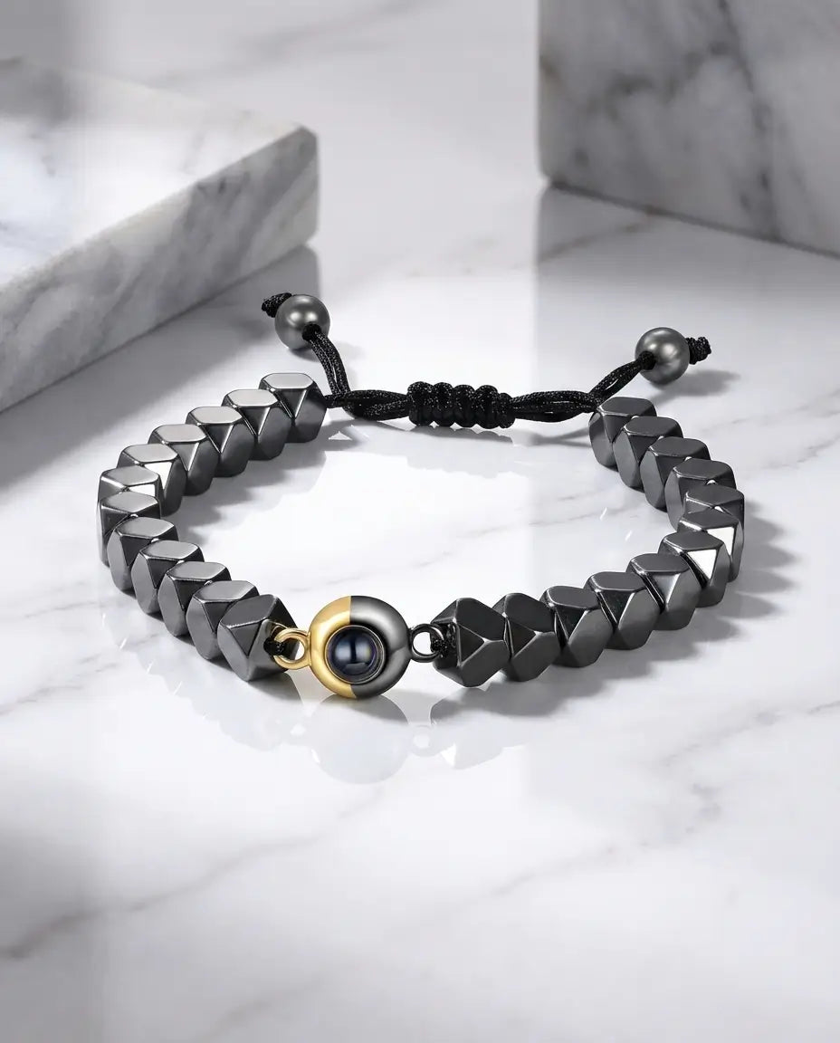 Pulsera con foto dentro – cuentas de hematita auténtica, diseño unisex, regalo para ella y para él