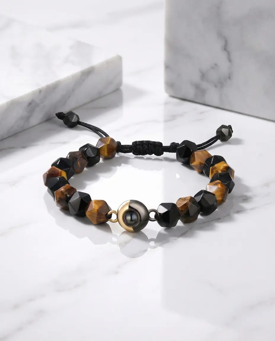 Pulsera con foto dentro – cuentas de ojo de tigre natural, diseño unisex, regalo para él o para ella
