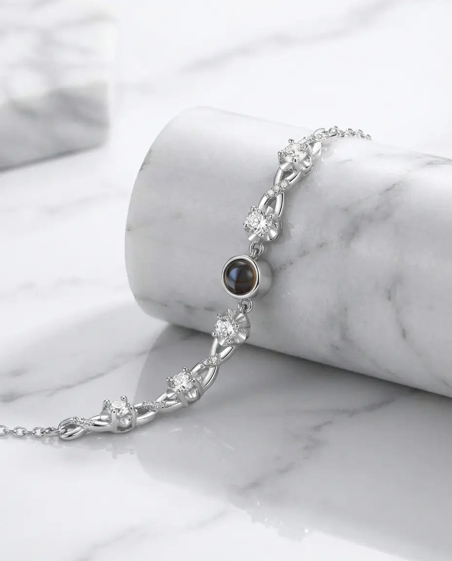 Pulsera con foto dentro – colgante de flor plateada con lente de 6 mm, regalo para ella