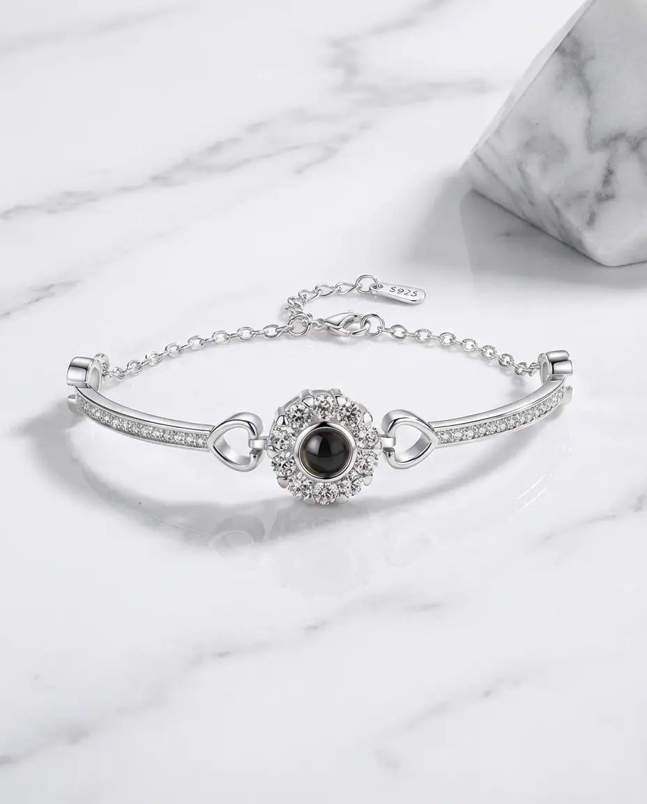 Pulsera con foto dentro – colgante halo de cristales en plateado u oro rosa, regalo para ella