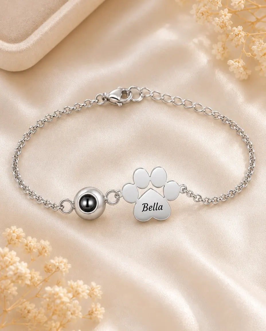 Pulsera con foto dentro – huella grabada con su nombre, en plata, oro 18K u oro rosa, recuerdo de mascota