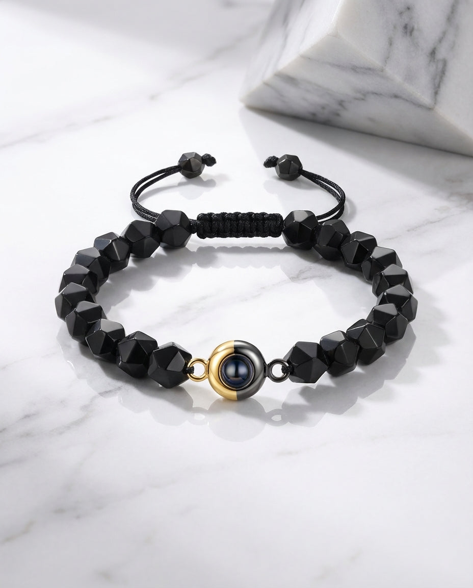 Pulsera con foto dentro – obsidiana negra facetada, piedra natural unisex, regalo para ella o para él