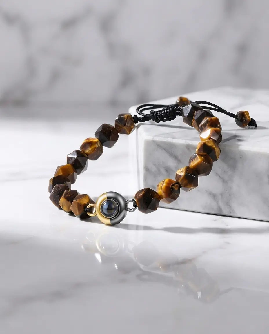 Pulsera con foto dentro – ojo de tigre facetado de 10 mm, unisex, regalo para él o para ella