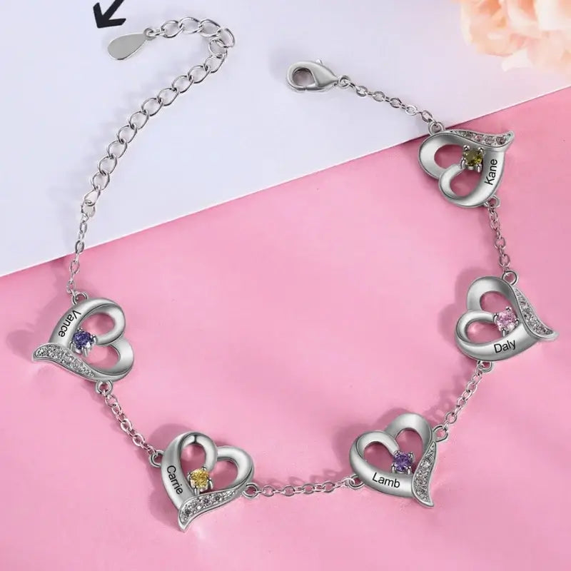 Pulsera con nombre grabado – colgante de corazón y hasta 5 piedras de nacimiento, ajustable, regalo para mamá