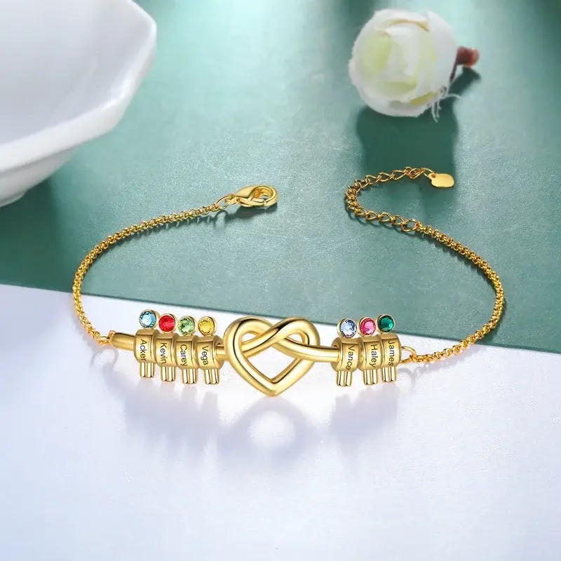 Pulsera con nombre grabado – nudo de corazón con hasta 7 nombres y piedras de nacimiento, acero inoxidable