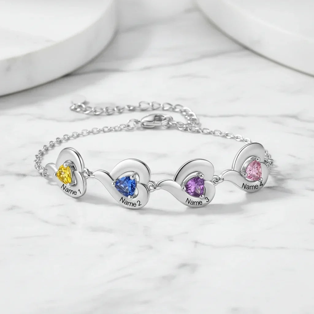 Pulsera de corazones enlazados – hasta 5 nombres grabados con su piedra de nacimiento, regalo para mamá o abuela
