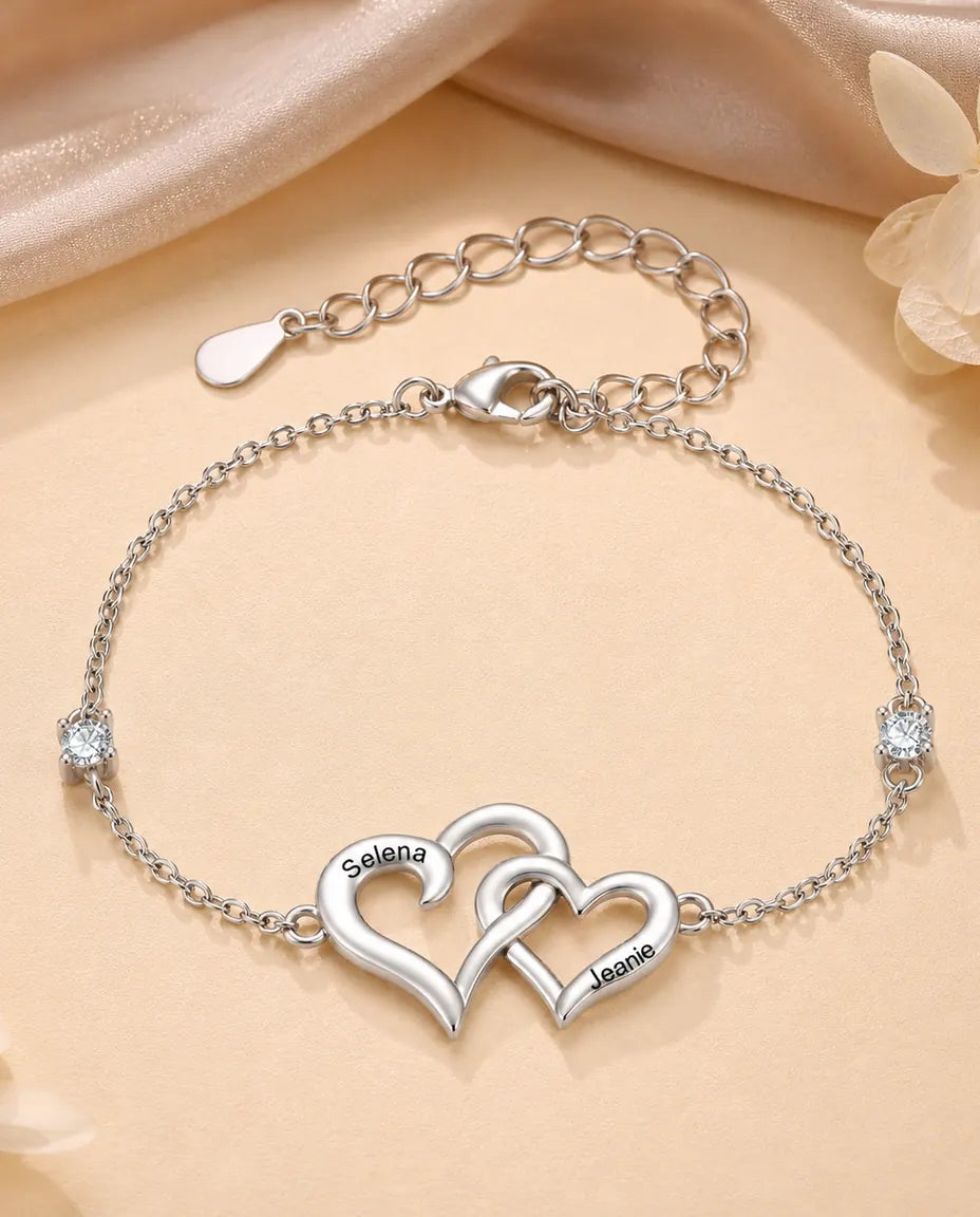 Pulsera Doble Corazón Personalizada 2 Nombres - corazones enlazados y dos piedras de nacimiento, ajustable