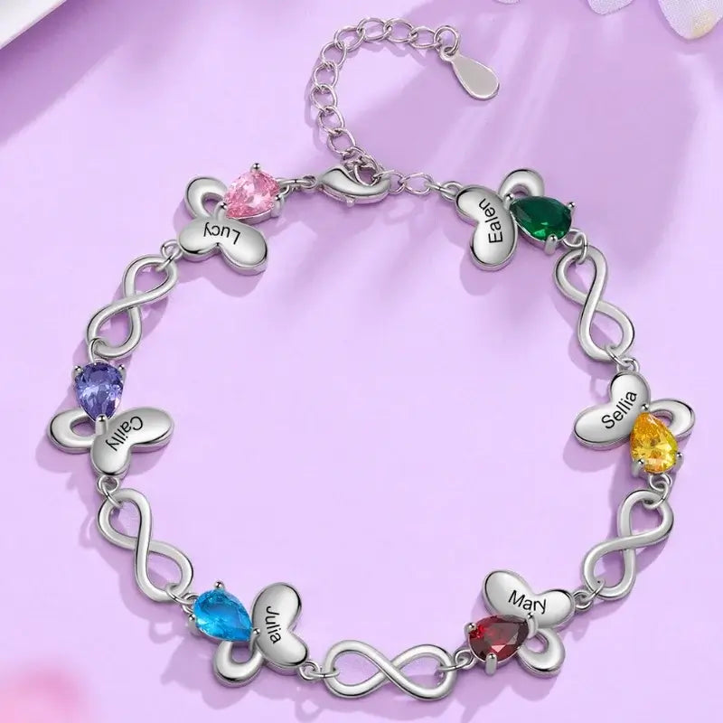 Pulsera grabada mujer – mariposa e infinito con nombre y hasta 6 piedras de nacimiento, regalo para mamá