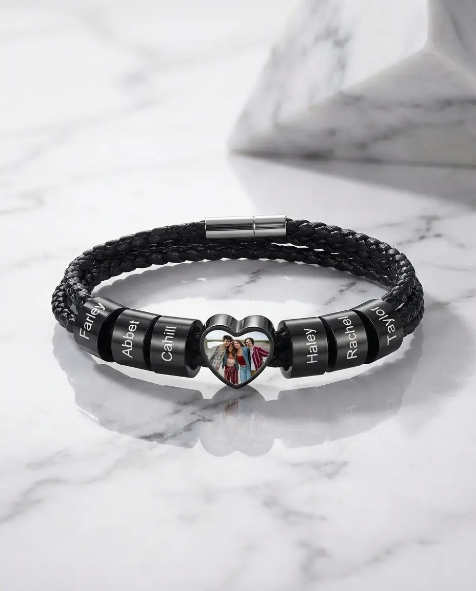 Pulsera Hombre Grabada con Foto – Charm de Corazón en Acero Inoxidable y Hasta Seis Nombres, Regalo para Papá
