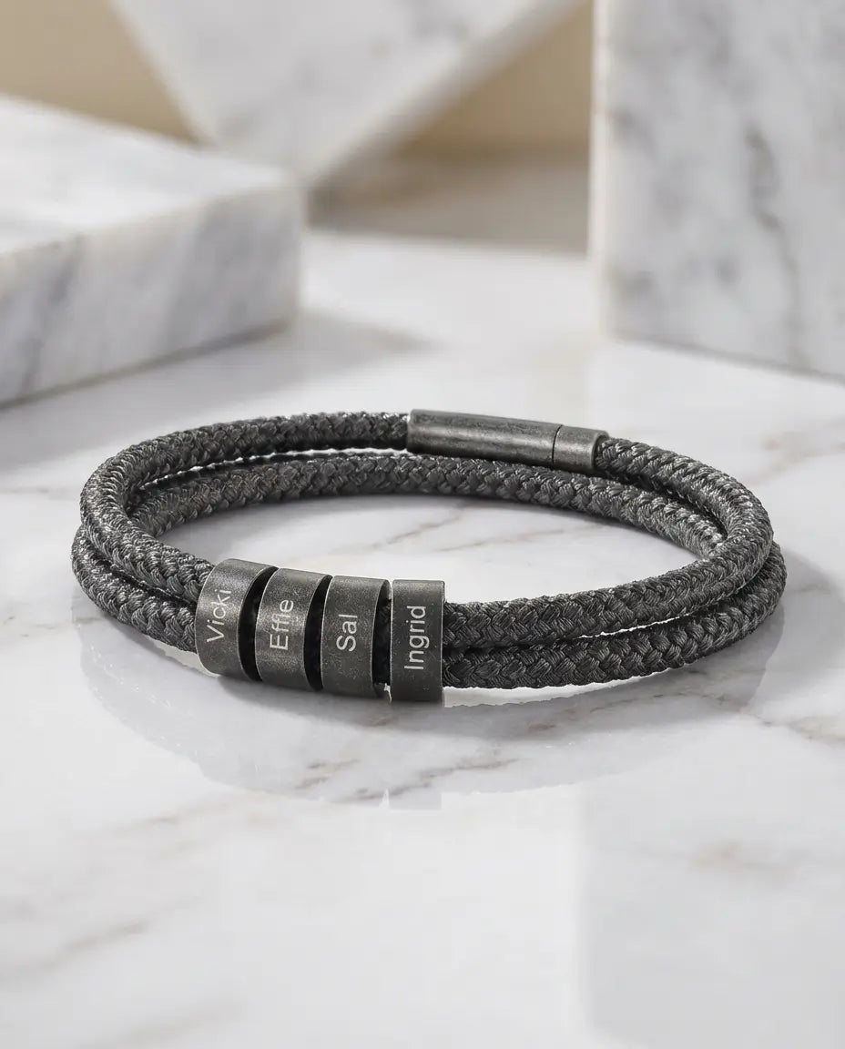 Pulsera hombre grabada – cuerda de nailon con bolas de acero y de 2 a 4 nombres, regalo para papá y para él