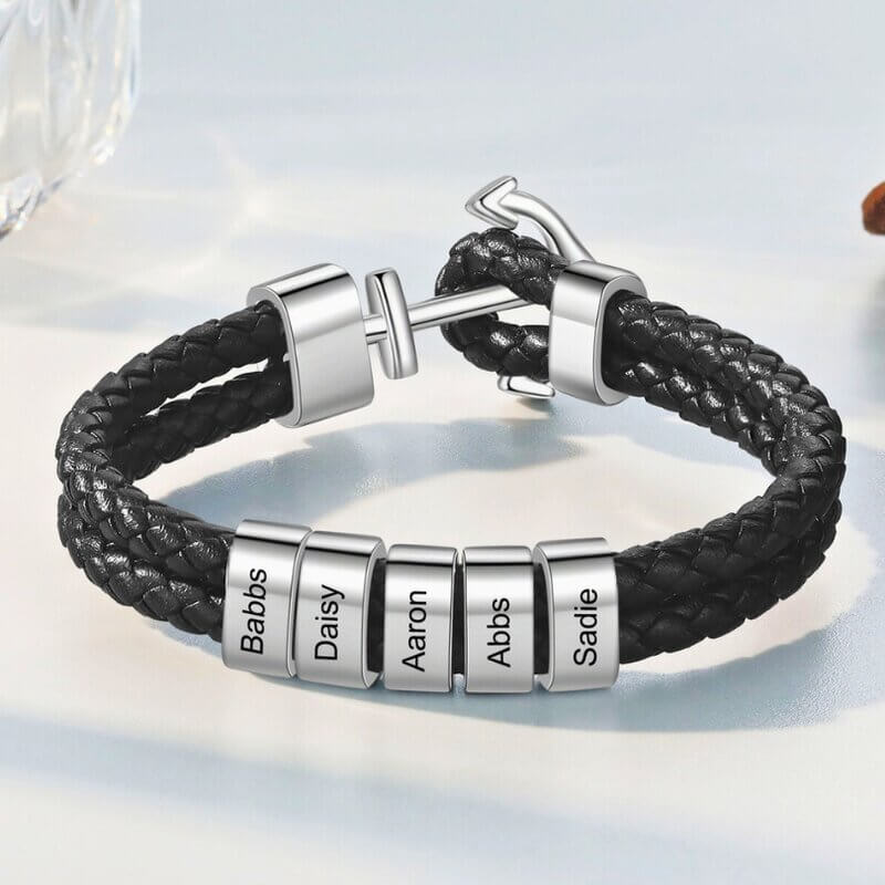 Pulsera hombre grabada – cuero con ancla y hasta 5 nombres, regalo marinero para papá