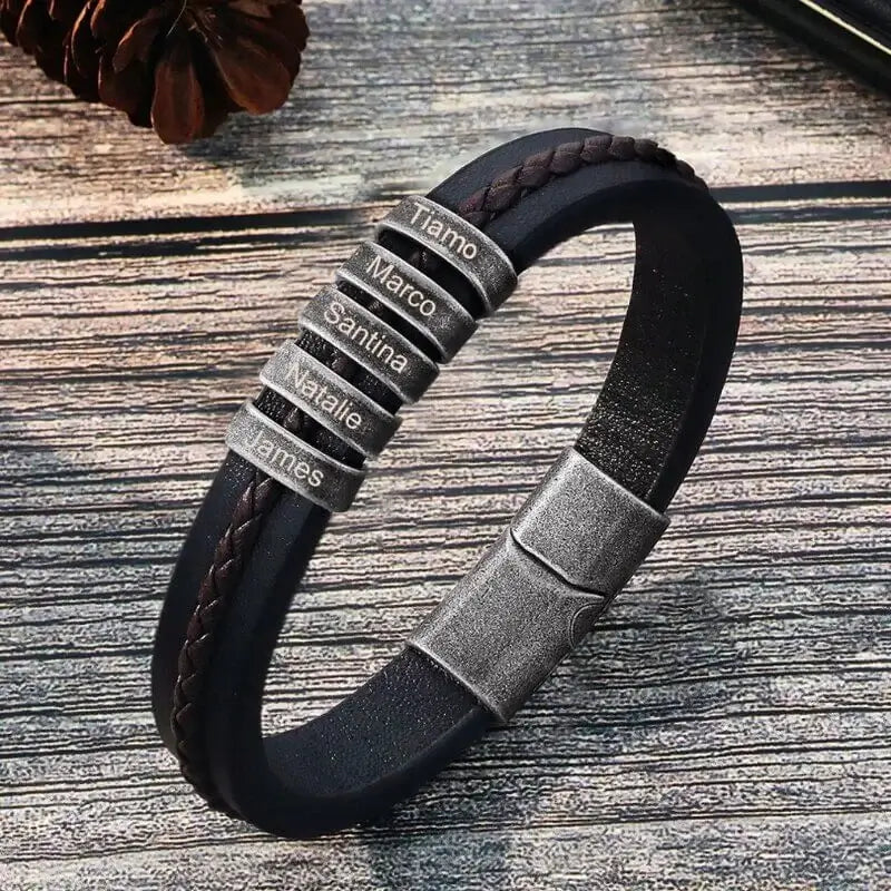 Pulsera hombre grabada – cuero negro con bolas de acero y nombres, regalo para papá y abuelo