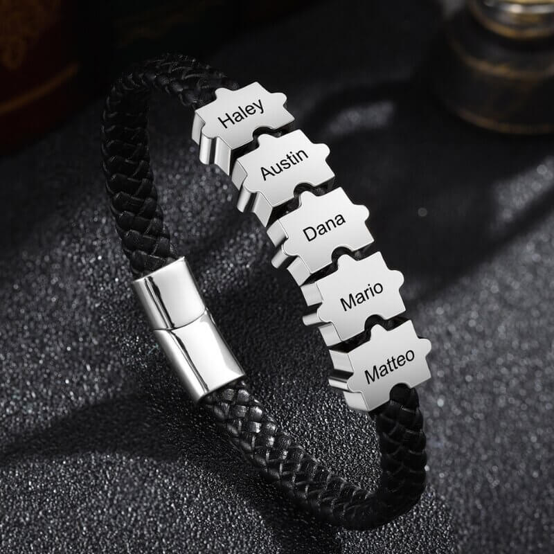 Pulsera hombre grabada – cuero negro y bolas puzle de acero con nombres, regalo para papá
