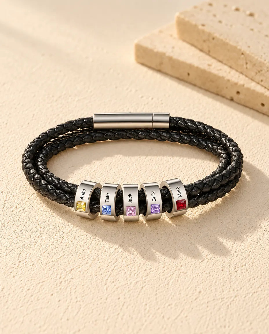 Pulsera hombre grabada - versión con 5 nombres y piedras de nacimiento