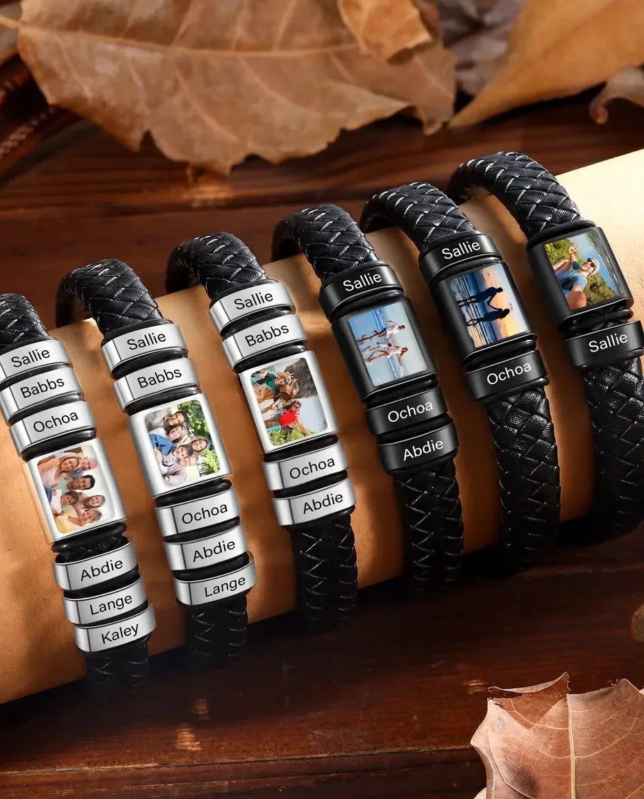 Pulsera hombre grabada con foto y hasta 6 bolas con nombre – cuero trenzado y cierre magnético, regalo para papá