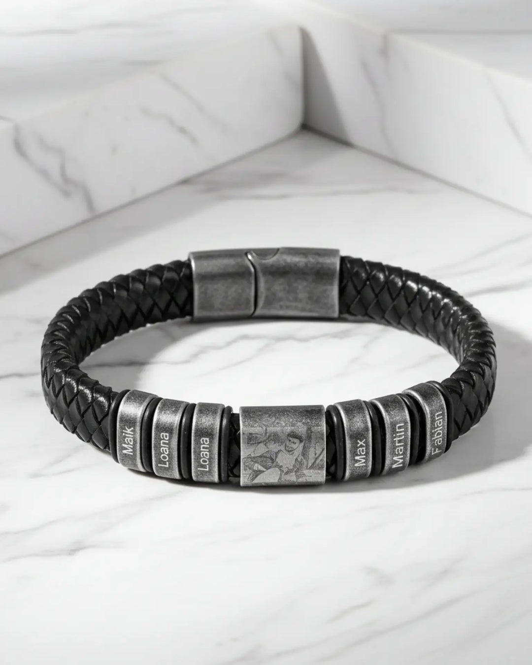 Pulsera hombre grabada en cuero trenzado — una foto grabada y de 2 a 5 nombres, regalo para papá o para el abuelo