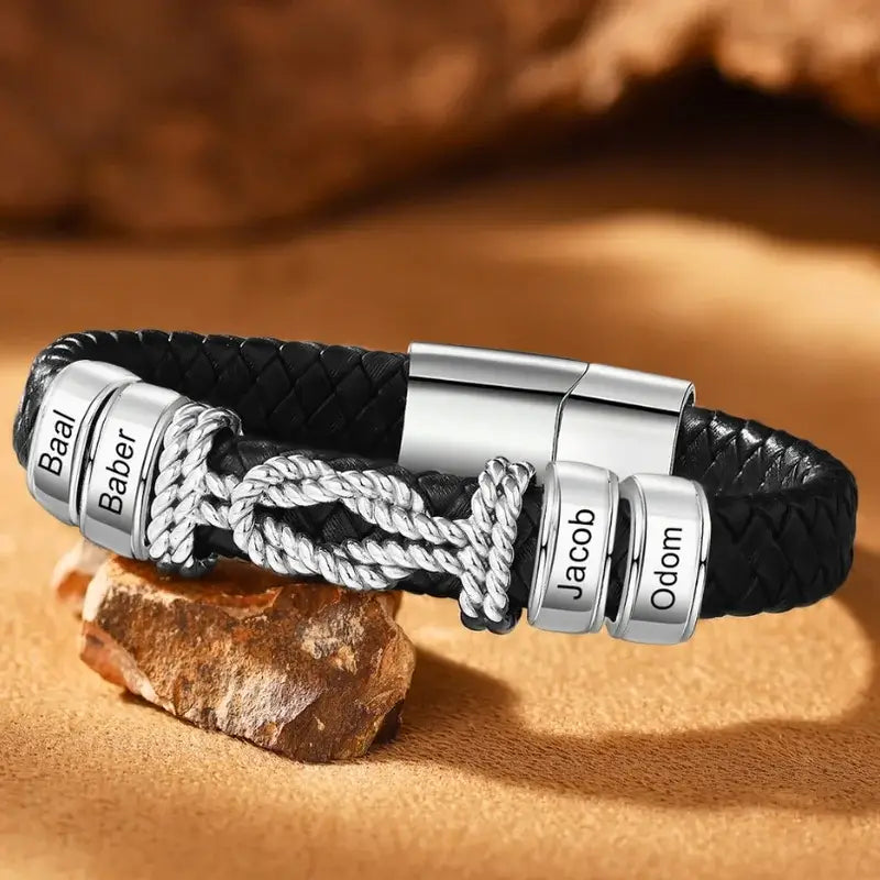 Pulsera hombre grabada – cuero negro con placa de acero y nombres, regalo para papá