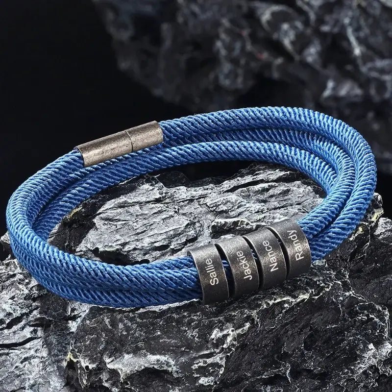 Pulsera hombre grabada – acero inoxidable y cordón de nailon, nombres grabados, regalo para papá o marido