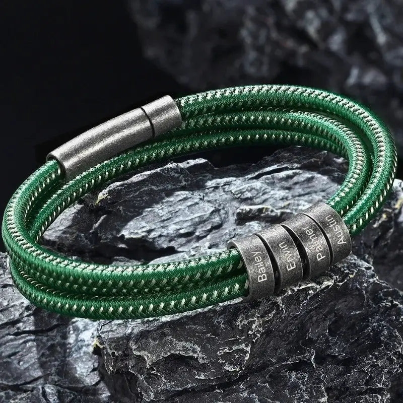 Pulsera hombre grabada – acero y cordón de nailon negro o verde, nombre y fecha, regalo para él