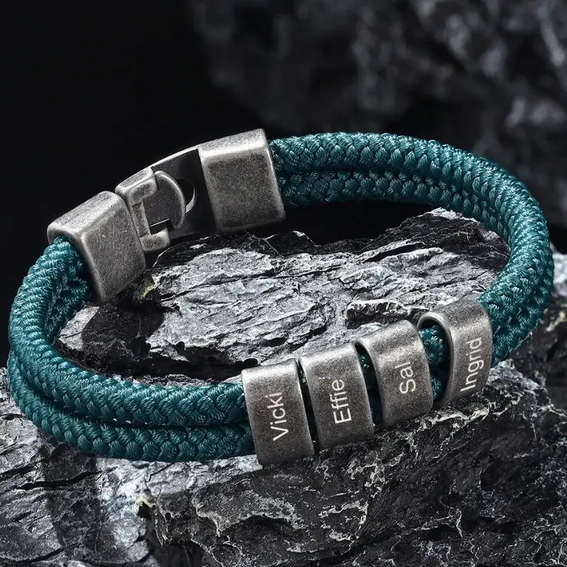 Pulsera hombre grabada – cordón de nailon verde y acero, hasta 4 nombres, regalo para papá o marido